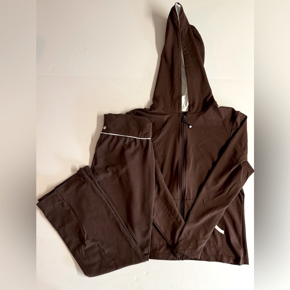 2PC Brown Athleta x Pranyama full zip hoodie+wide leg pants.Jacket M Pants S
